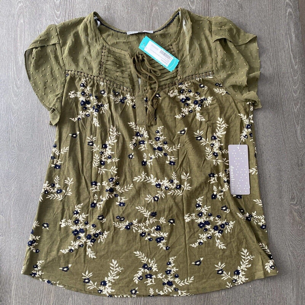 Daniel Rainn Top Women L Floral Lace Flutter Sleeve Split V-Neck Tassel Boho